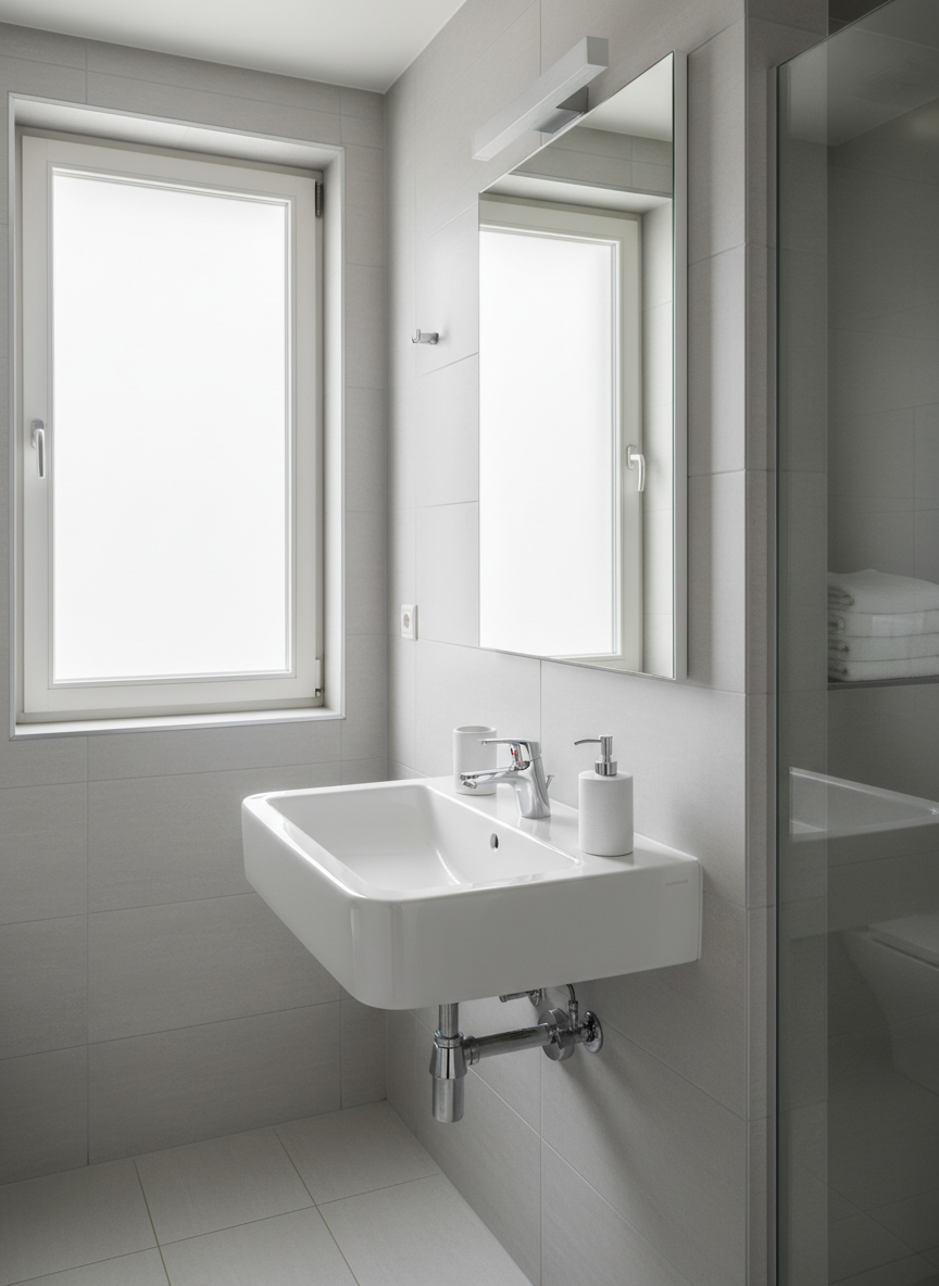 An immaculate, freshly sanitized bathroom interior featuring a gleaming white porcelain sink, crystal-clear mirror with no streaks, and flawlessly scrubbed light gray tile walls. The chrome faucet and fixtures are polished to a mirror-like shine, reflecting soft, diffused light from a frosted window. The countertop is completely uncluttered except for a neatly aligned soap dispenser. Subtle steam residue has been wiped away, leaving surfaces dry and pristine. Photographic realism with a clean, modern aesthetic, captured at eye level with a medium-wide composition that includes a portion of the spotless shower glass and perfectly folded white towels on a shelf. The mood is hygienic, refreshing, and reassuring, ideal for showcasing detailed bathroom cleaning services.