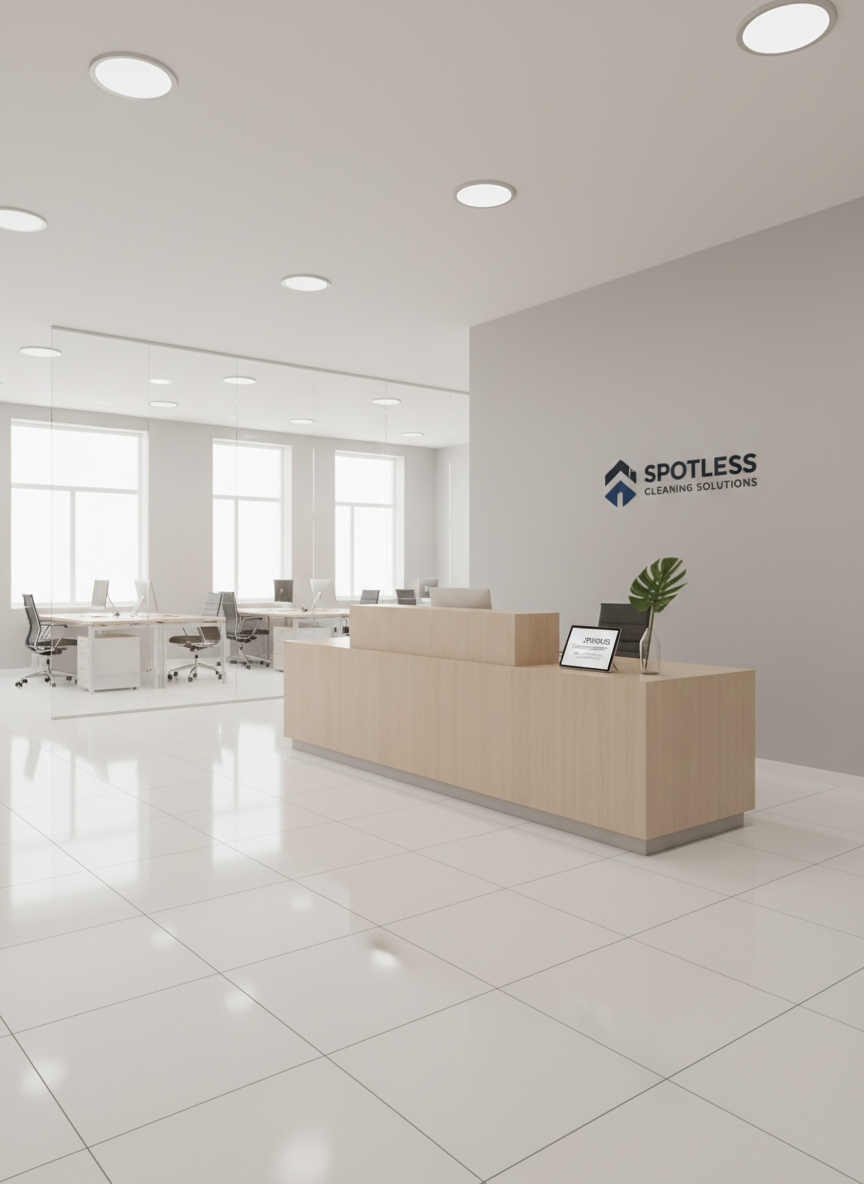 A pristine, modern office reception area immediately after a professional commercial cleaning, with a flawlessly polished white tile floor reflecting overhead recessed lights. A sleek, dust-free reception desk with a matte wood finish sits against a spotless light gray wall, free of smudges or marks. Clear glass partitions show tidy workstations beyond, with no clutter visible. The lighting is bright yet soft, a combination of diffused daylight from large windows and neutral overhead lighting, creating an evenly illuminated, professional atmosphere. Photographic realism from a slightly elevated angle, wide composition capturing the full space, sharp focus, emphasizing order, hygiene, and reliability, perfect for showcasing commercial cleaning excellence.